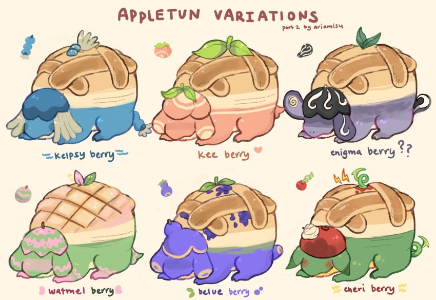 ? ?? alternate_color appletun ariamisu artist_name belue_berry berry_(pokemon) cheri_berry english_text enigma_berry food fruit gen_8_pokemon heart highres kee_berry kelpsy_berry leaf lightning_bolt_symbol nintendo no_humans pokemon pokemon_(creature) simple_background tan_background watmel_berry