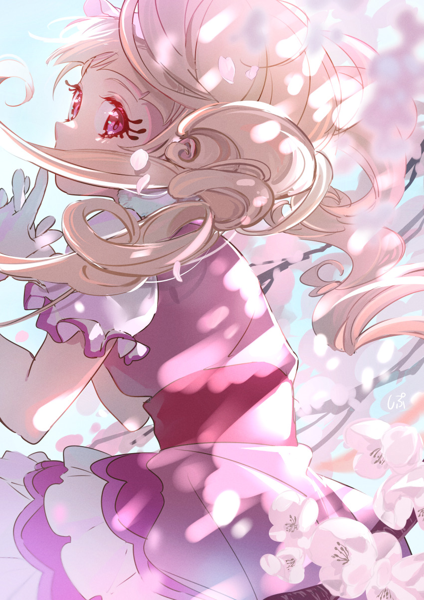 1girl absurdres aisaki_emiru blonde_hair blue_sky branch cherry_blossoms corset covered_mouth cowboy_shot cure_macherie day dress drill_hair earrings floating_clothes floating_hair flower frilled_dress frilled_sleeves frills gloves highres hugtto!_precure interlocked_fingers jewelry large_earrings light_blush long_hair magical_girl makeup mascara outdoors own_hands_together petals pink_dress pink_flower pointy_nose pom_pom_(clothes) pom_pom_earrings precure red_corset red_eyes shipu_(gassyumaron) short_dress sky solo spring_(season) sunlight tareme twin_drills twintails ufo white_gloves white_sleeves wind