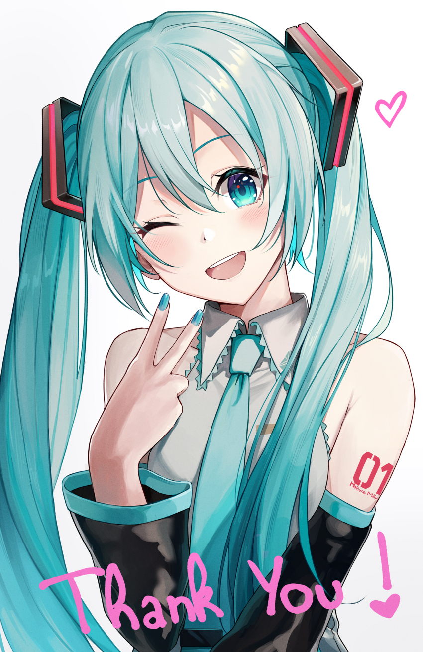 1girl ;d bib_(bibboss39) black_sleeves blue_eyes blue_hair blue_nails blue_necktie collared_shirt commentary detached_sleeves hair_between_eyes hair_ornament hatsune_miku head_tilt highres long_hair long_sleeves looking_at_viewer nail_polish necktie one_eye_closed open_mouth shirt simple_background sleeveless sleeveless_shirt smile solo thank_you twintails upper_body v very_long_hair vocaloid white_background white_shirt wing_collar