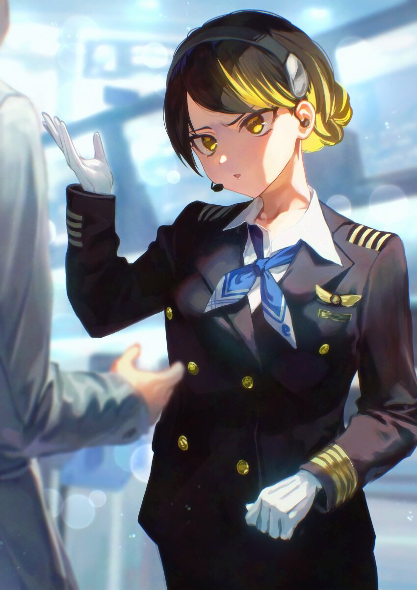 1girl 1other airport alternate_costume alternate_hairstyle arm_at_side arm_up birthday black_jacket black_pants black_suit blue_neckerchief collarbone collared_shirt cowboy_shot dress_shirt earpiece eyelashes flight_attendant formal_clothes gloves hair_bun headset highres idolmaster idolmaster_shiny_colors ikaruga_luca indoors jacket lens_flare long_sleeves looking_at_another microphone multicolored_hair neckerchief otsudou pants parted_lips shirt solo_focus standing streaked_hair suit suit_jacket tongue travel_attendant two-tone_hair undershirt white_gloves white_jacket white_shirt white_undershirt
