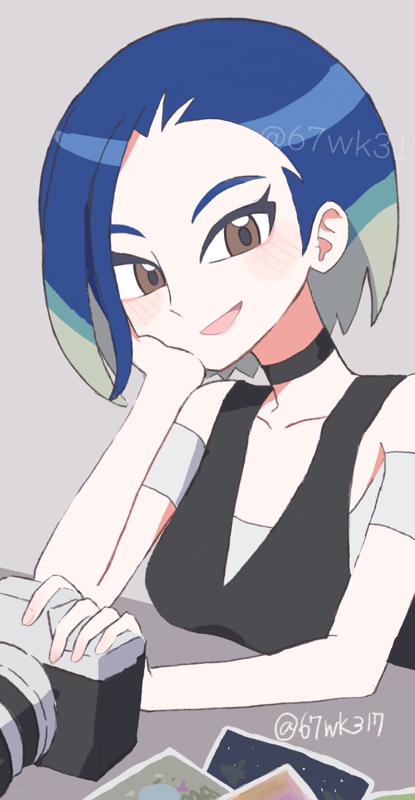 1girl 67wk317 :d black_choker black_shirt blue_hair brown_eyes camera choker head_on_hand highres looking_at_viewer nintendo open_mouth perrin_(pokemon) pokemon pokemon_sv shirt short_hair sleeveless sleeveless_shirt smile solo twitter_username upper_body