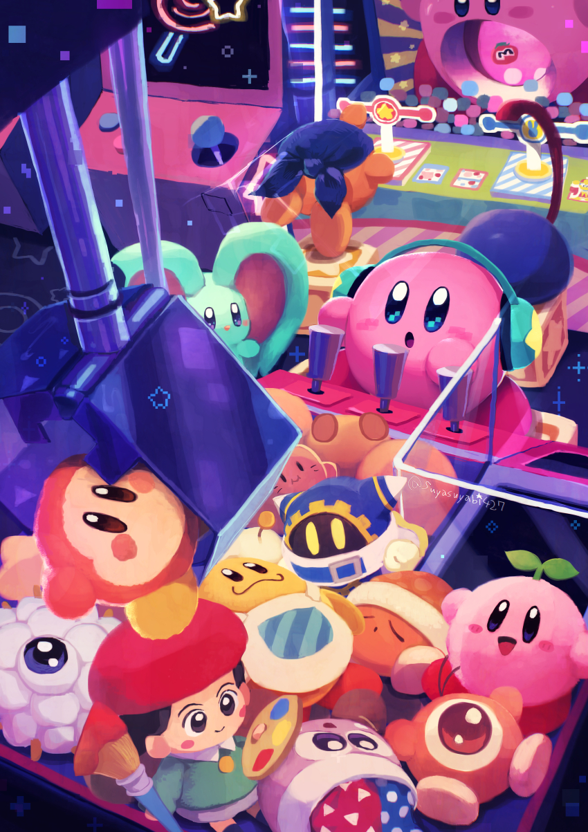 absurdres adeleine arcade arcade_cabinet bandana bandana_waddle_dee block_(object) blue_bandana blue_eyes character_doll chef_kawasaki crane_game elfilin headphones highres indoors invincible_candy kirby kirby_(series) kracko looking_at_another looking_away marx_(kirby) maxim_tomato nintendo noddy_(kirby) parted_lips stuffed_toy suyasuyabi twitter_username waddle_dee waddle_doo