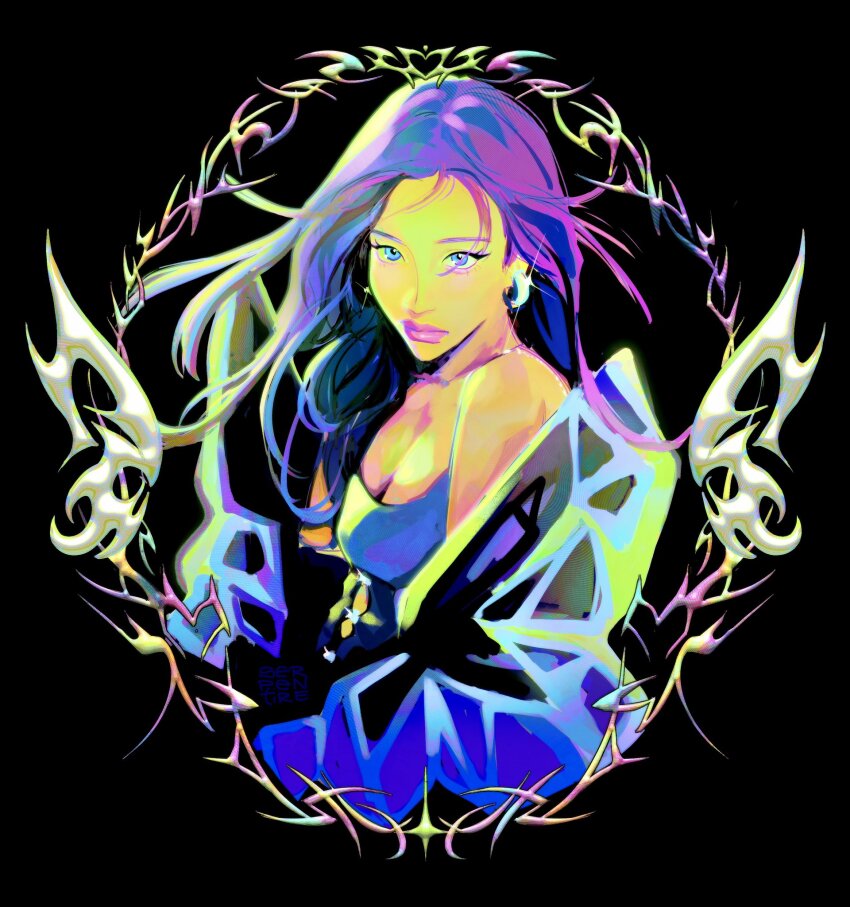 1girl aespa black_background blue_eyes closed_mouth commentary dress earrings hashtag-only_commentary highres jewelry k-pop long_hair ningning_(aespa) purple_hair purple_lips serpentire solo symbol-only_commentary upper_body