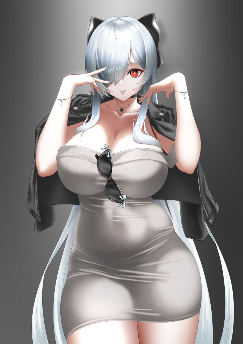 1girl absurdres black_choker black_jacket black_ribbon breasts choker cinderella_(beautiful_me)_(nikke) cinderella_(nikke) cleavage covered_navel dongtan_dress dress eyewear_hang goddess_of_victory:_nikke grey_dress hair_over_one_eye hair_ribbon heart heart_necklace highres jacket jacket_on_shoulders jewelry kuremon large_breasts long_hair meme_attire necklace official_alternate_costume one_eye_covered phone red_eyes ribbon smile solo thighs unworn_eyewear