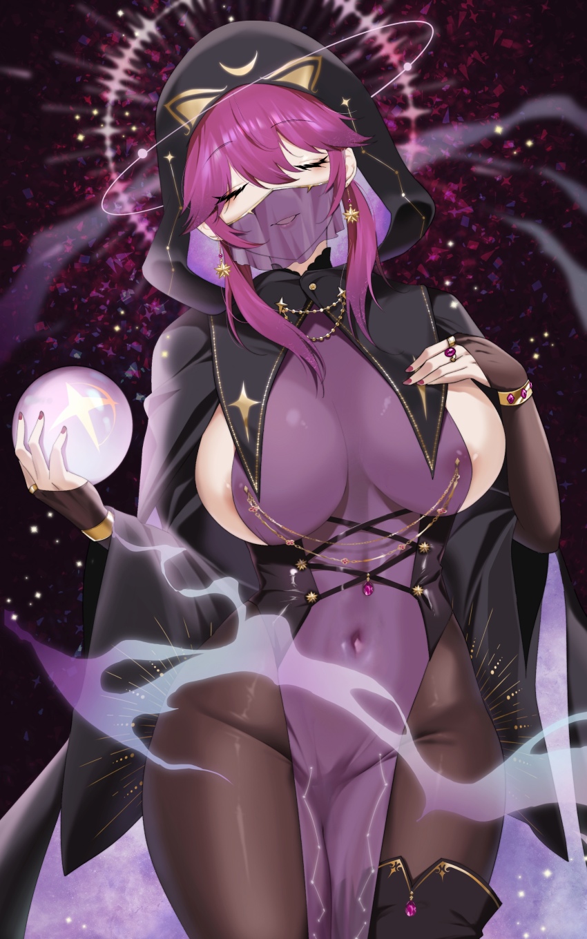1girl absurdres areola_slip black_pantyhose bracelet breasts bridal_gauntlets closed_eyes covered_navel dress highres holding_orb jewelry large_breasts mouth_veil navel nipple_slip nipples original oxygen_mask_(oxygenmask233) pantyhose parted_lips pelvic_curtain purple_dress purple_hair purple_nails sideboob solo veil