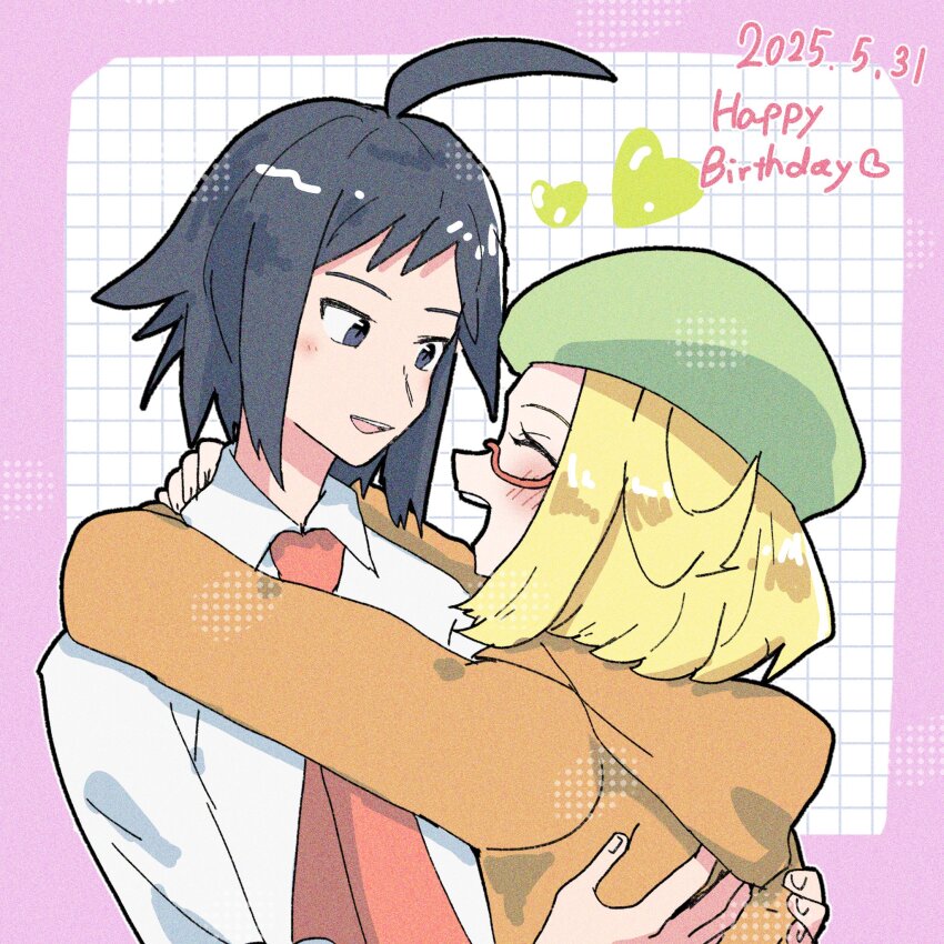 1boy 1girl ahoge bianca_(pokemon) black_hair blonde_hair cheren_(pokemon) closed_eyes collared_shirt dated green_hat happy_birthday hat highres hug necktie nintendo pokemon pokemon_bw2 red-framed_eyewear red_necktie semi-rimless_eyewear shirt shu_(witb_) smile upper_body white_shirt