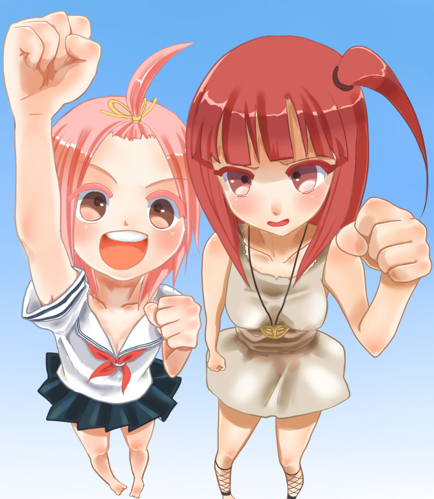 00s 2girls armpit_peek bad_id bad_pixiv_id bare_legs barefoot blush clenched_hands creator_connection crossover dress fist_pump foreshortening highres kuzuryuu_momoko magi_the_labyrinth_of_magic morgiana multiple_girls nashigaya_koyomi pink_hair raised_fist red_hair school_uniform serafuku short_hair sumomomo_momomo