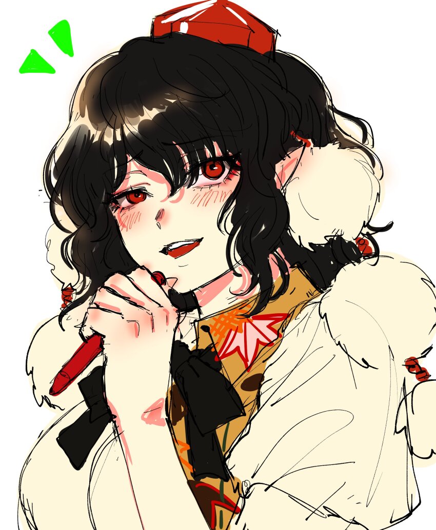 1girl absurdres black_bow black_bowtie black_hair bow bowtie hat highres holding holding_pen kuya_(hey36253625) leaf_print pen pointy_ears pom_pom_(clothes) red_eyes red_hat shameimaru_aya shirt smile tokin_hat touhou white_background white_shirt