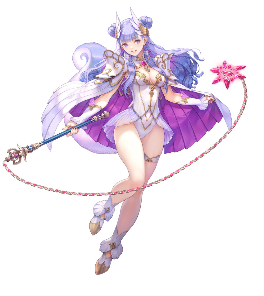 1girl armor breasts cape cleavage double_bun full_body haccan hair_bun hair_ornament highleg highleg_leotard highres holding holding_weapon leotard long_hair looking_at_viewer medium_breasts official_art palamena_(visions_of_mana) purple_eyes purple_hair second-party_source seiken_densetsu shoulder_armor smile solo thigh_strap transparent_background visions_of_mana weapon white_leotard wing_hair_ornament
