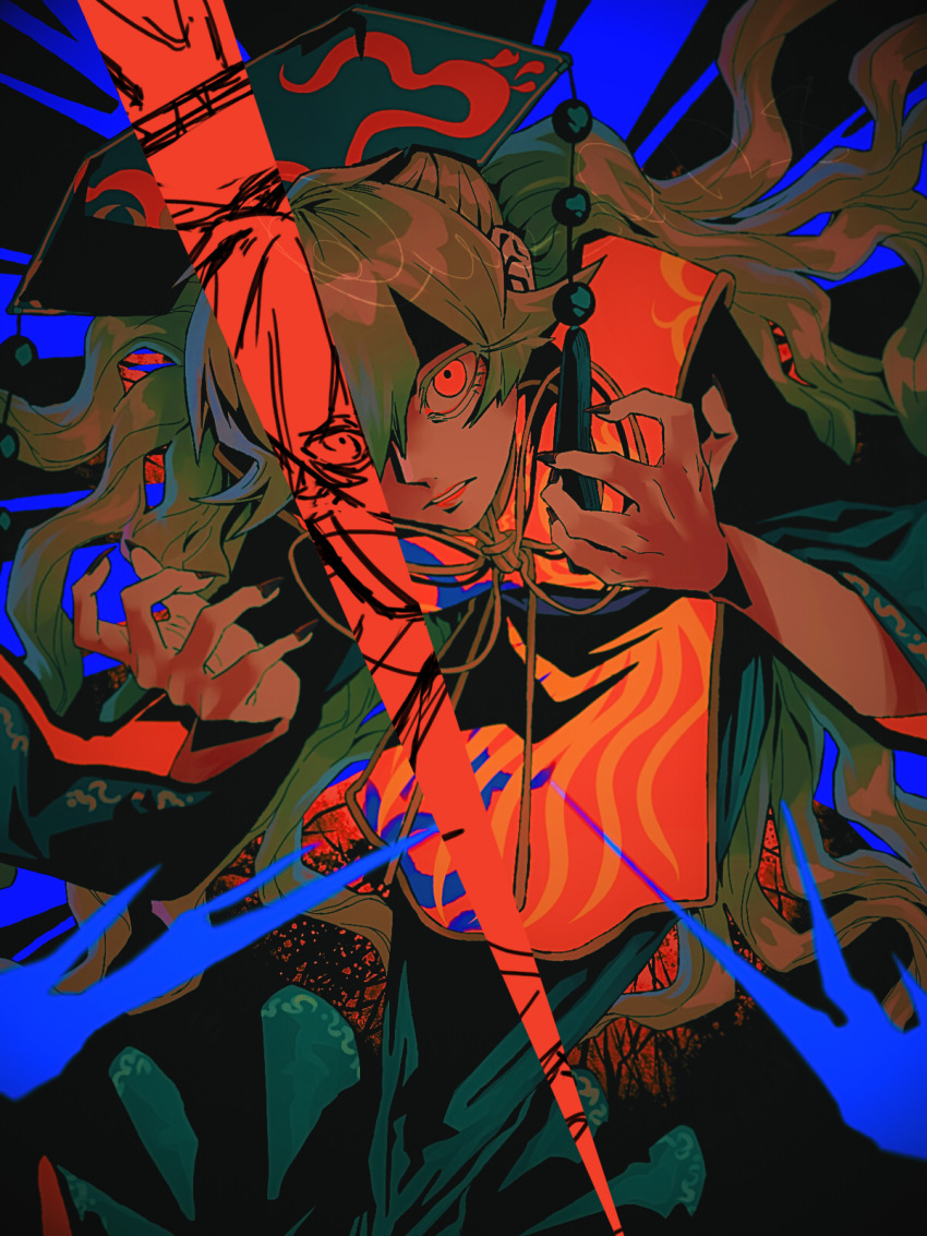 1girl black_background black_dress black_hat black_nails blonde_hair chinese_clothes crescent crescent_print dalachi_(headdress) dress energy eyelashes fingernails floating_hair hair_between_eyes hands_up hat highres junko_(touhou) junko_day lips long_dress long_fingernails long_hair long_sleeves looking_at_viewer mandarin_collar nail_polish neck_ribbon phoenix_print pom_pom_(clothes) raya_(uk_0128) red_eyes red_lips red_tabard ribbon simple_background solo standing tabard tassel teeth touhou wavy_hair wide_sleeves yellow_ribbon