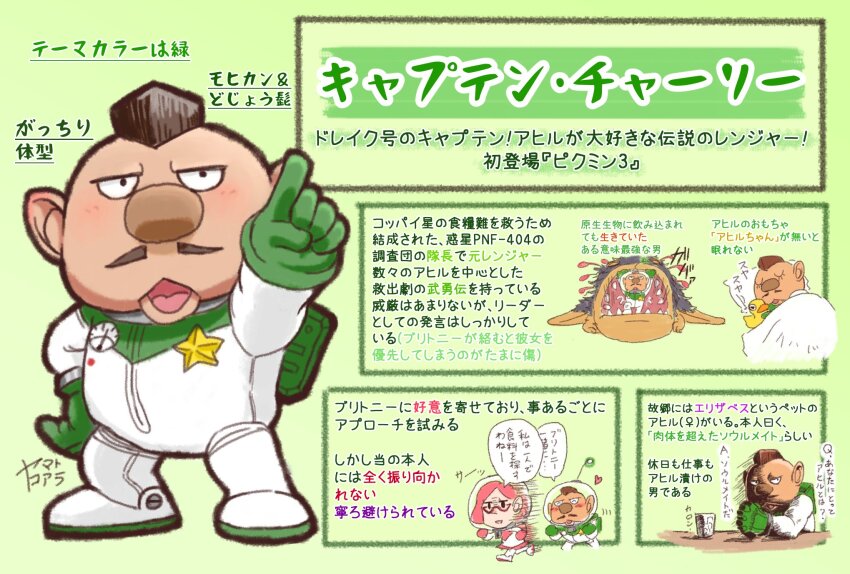 1boy 1girl ^_^ arms_on_table backpack badge bag bat_wings big_nose blanket blush brittany_(pikmin) brown_hair reference_sheet charlie_(pikmin) closed_eyes commentary_request eyelashes facial_hair fleeing full_body gauge glass glasses gloves green_background green_bag green_gloves hand_on_own_hip heart helmet highres holding holding_toy lying miniskirt mohawk motion_blur motion_lines mustache nintendo no_headwear on_side open_mouth own_hands_clasped own_hands_together pikmin_(series) pillow pink_bag pink_gloves pink_hair pink_skirt pointing pointing_at_viewer radio_antenna red-framed_eyewear rubber_duck sharp_teeth short_hair signature skirt sleeping solid_oval_eyes space_helmet spacesuit speed_lines star_(symbol) table teeth toy translation_request triangular_eyewear vehemoth_phosbat very_short_hair whistle wings yamato_koara