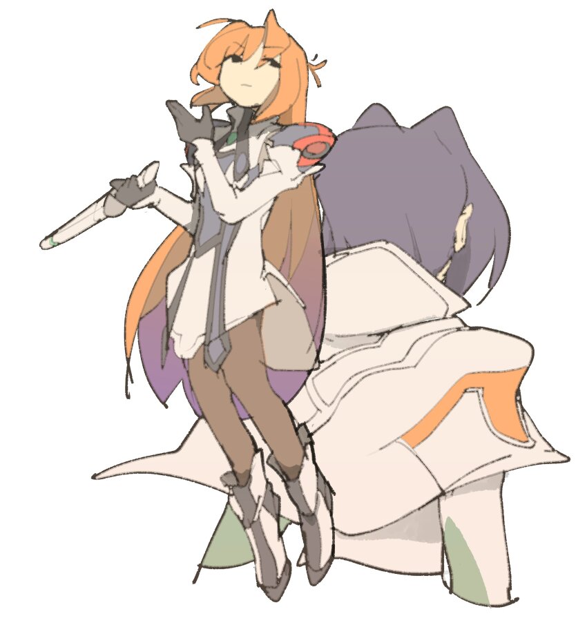 2girls absurdres capelet elhaym_van_houten from_behind gloves hair_intakes highres holding holding_rod long_hair miang_hawwa multiple_girls orange_hair pantyhose purple_hair rod short_hair temmie_chang very_long_hair white_capelet xenogears