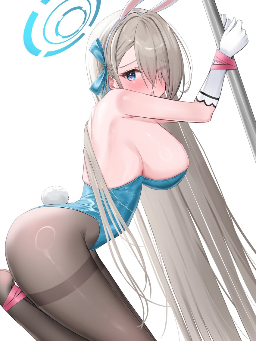 1girl absurdres animal_ears armpit_crease ass asuna_(blue_archive) asuna_(bunny)_(blue_archive) back backlighting bare_shoulders blue_archive blue_bow blue_eyes blue_halo blue_leotard blush bound bound_ankles bound_wrists bow breasts brown_hair brown_pantyhose commentary curvy dutch_angle eyelashes eyes_visible_through_hair fake_animal_ears fake_tail feet_up from_side furrowed_brow gloves hair_bow hair_over_one_eye halo heart heart-shaped_pupils highres large_breasts leotard long_bangs long_hair looking_at_viewer no_shoes nose_blush official_alternate_costume pantyhose playboy_bunny rabbit_ears rabbit_tail restrained sideboob simple_background skindentation solo straight_hair strapless strapless_leotard symbol-shaped_pupils tail thighband_pantyhose thighs tongue tongue_out very_long_hair wfa5051 white_background white_gloves