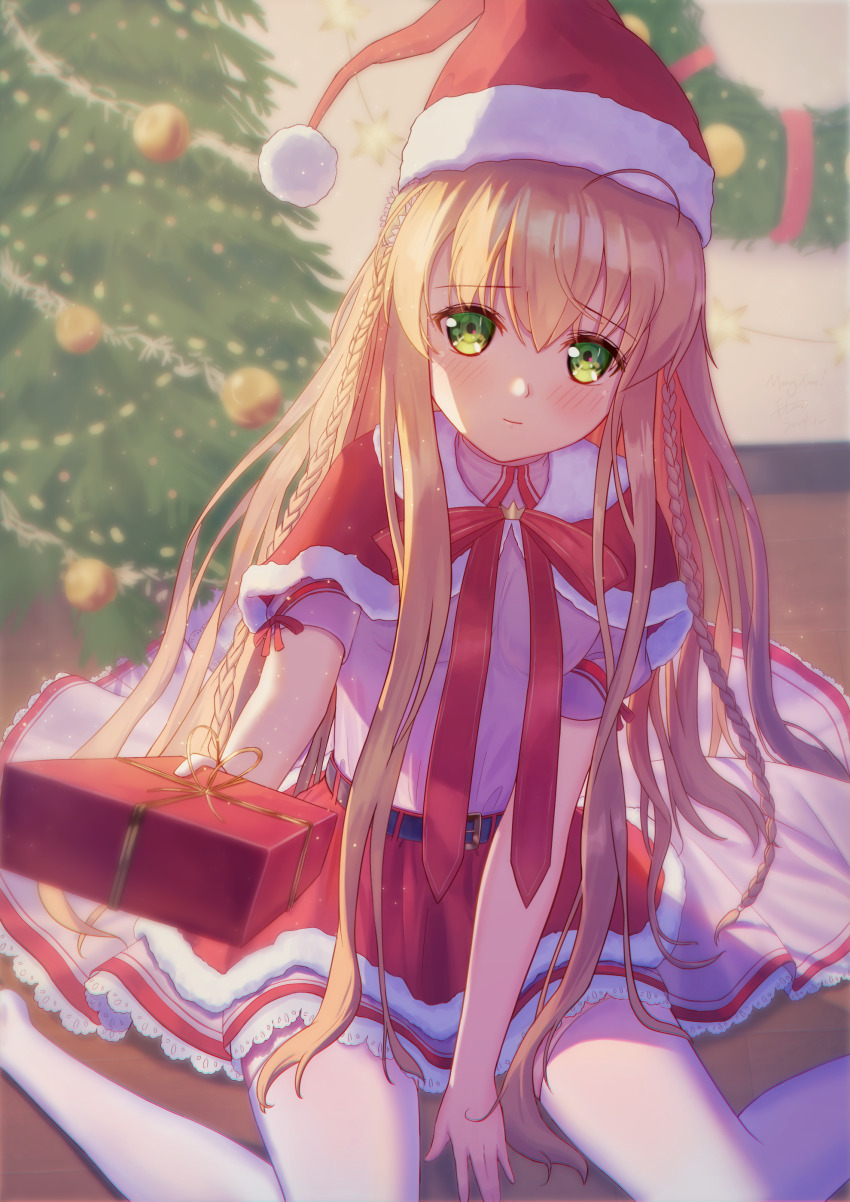 1girl absurdres adapted_costume ahoge backlighting belt between_legs black_belt blurry blurry_background blush braid brown_hair capelet chinese_commentary christmas christmas_ornaments christmas_tree closed_mouth commentary_request crown dress feet_out_of_frame flight_deck flowingcrescent fur-trimmed_capelet fur-trimmed_skirt fur_trim gift green_eyes hair_between_eyes hand_between_legs hand_up hat highres holding holding_gift indoors kanbe_kotori kazamatsuri_institute_high_school_uniform light_particles light_smile long_hair looking_at_viewer mini_crown mixed-language_commentary neck_ribbon on_floor pink_dress raised_eyebrows reaching reaching_towards_viewer red_capelet red_ribbon red_skirt rewrite ribbon santa_capelet santa_costume santa_hat school_uniform short_sleeves sitting skirt solo summer_uniform thighhighs twin_braids very_long_hair wariza white_thighhighs