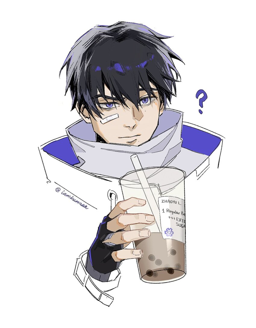 1boy ? bandaid bandaid_on_cheek bandaid_on_face black_gloves black_hair blue_eyes bubble_tea closed_mouth commentary cropped_arm cropped_shoulders cup drink drinking_straw english_commentary fingerless_gloves gloves high_collar highres holding holding_cup iamkumaaa iso_(valorant) jacket male_focus popped_collar short_hair simple_background solo twitter_username two-sided_fabric uneven_eyes valorant white_background white_jacket
