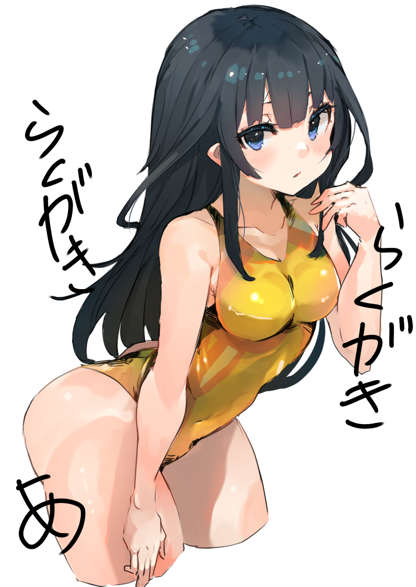 1girl absurdres agatsuma_kaede alice_gear_aegis black_eyes black_hair breasts gold_one-piece_swimsuit highres hime_cut long_hair one-piece_swimsuit sunday_aki swimsuit