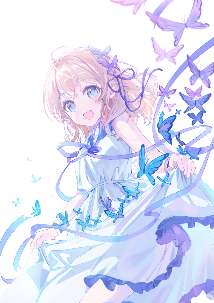 1girl :d a20_(atsumaru) absurdres ahoge bare_arms blue_butterfly blue_eyes blush bug butterfly butterfly_hair_ornament collared_dress commentary_request dress dutch_angle frilled_dress frills hair_ornament hair_ribbon highres insect light_brown_hair long_hair looking_at_viewer looking_to_the_side neck_ribbon open_mouth original purple_butterfly purple_ribbon raised_eyebrows ribbon sidelocks simple_background skirt_hold sleeveless sleeveless_dress smile solo thick_eyelashes turning_head white_background white_dress white_wrist_cuffs wrist_cuffs