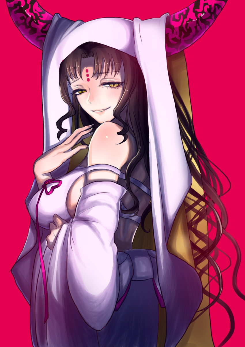 1girl black_hair blush breasts demon_girl demon_horns dress fate/grand_order fate_(series) highres horns large_breasts long_hair looking_at_viewer sessyoin_kiara solo very_long_hair white_dress yabushi yellow_eyes