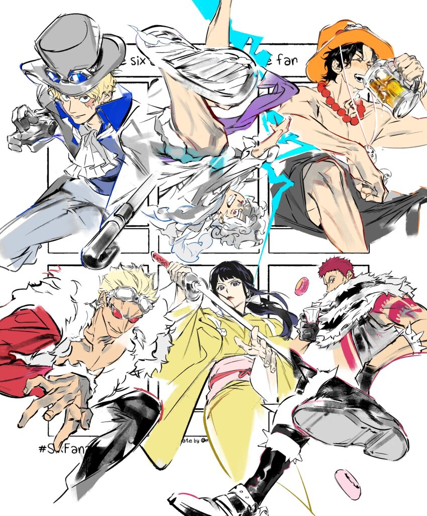 6+boys ^_^ arm_tattoo ascot black_gloves black_hair black_shorts blonde_hair blue_shirt brothers charlotte_katakuri closed_eyes cup donquixote_doflamingo donut electricity food gear_fifth gloves goggles goggles_on_headwear gyps_loafar hagoromo hat highres holding holding_cup holding_sword holding_weapon japanese_clothes jewelry kikunojo_(one_piece) kimono looking_at_viewer male_focus monkey_d._luffy multiple_boys multiple_drawing_challenge necklace obi one_piece orange_hat pearl_necklace pink_hair pink_sash ponytail portgas_d._ace purple_sash sabo_(one_piece) sash scar scar_on_face scarf shawl shirt short_hair shorts siblings sunglasses sword tattoo thick_eyebrows topless_male upside-down weapon white_ascot white_hair white_shirt white_shorts yellow_kimono