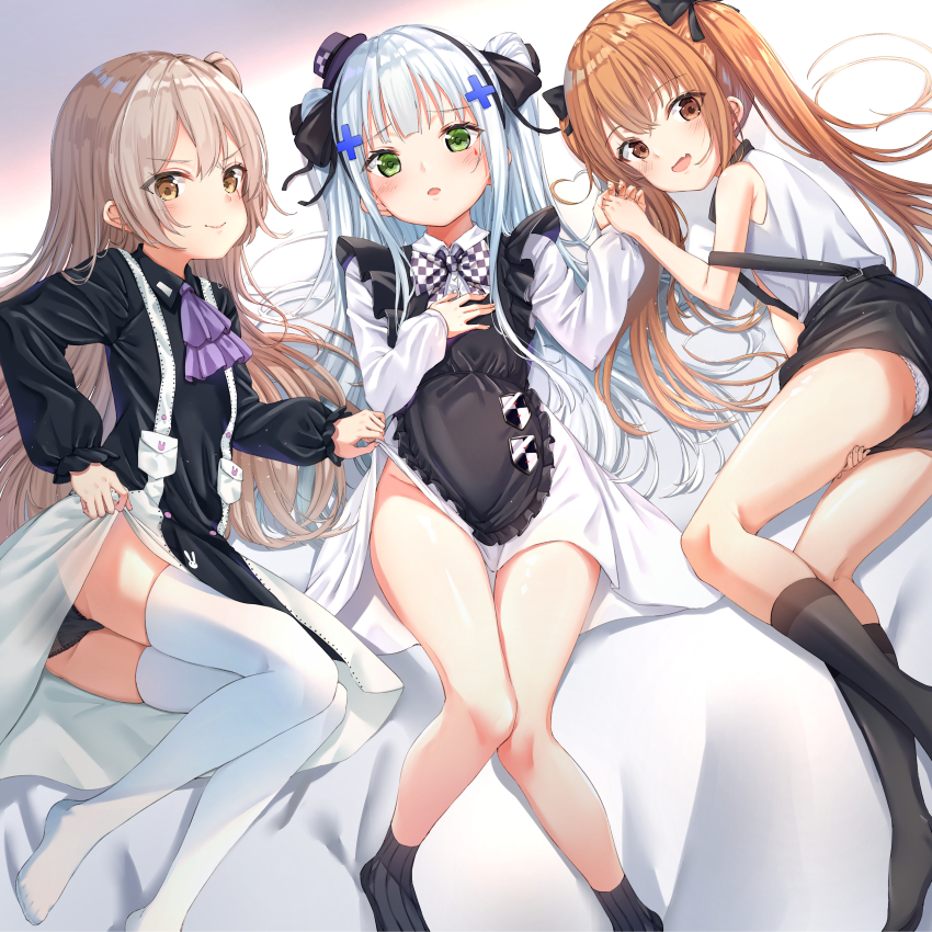 3girls absurdres aged_down alternate_costume apron ascot black_apron black_dress black_panties black_socks blush bow bowtie brown_eyes brown_hair checkered_bow checkered_clothes closed_mouth collared_dress dress facial_mark girls&#039;_frontline green_eyes hair_ornament hat highres hk416_(girls&#039;_frontline) holding_hands huge_filesize kneehighs long_hair long_sleeves looking_at_viewer lying mini_hat multiple_girls no_shoes official_alternate_costume on_back on_side open_mouth panties purple_neckwear scar scar_across_eye scar_on_face shirt shorts silver_hair socks suspender_shorts suspenders thighhighs twintails ump45_(agent_lop_rabbit)_(girls&#039;_frontline) ump45_(girls&#039;_frontline) ump9_(girls&#039;_frontline) ump9_(shiba_investigator)_(girls&#039;_frontline) underwear white_dress white_legwear white_panties white_shirt xue_lu