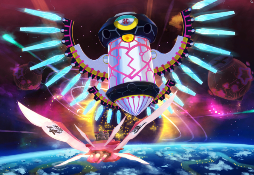 battle commentary_request halberd_(airship) heart highres kirby kirby:_planet_robobot kirby_(series) mechanical_wings nintendo no_humans planet robobot_armor robot shooting_star space star_(sky) star_(symbol) star_dream suyasuyabi wings