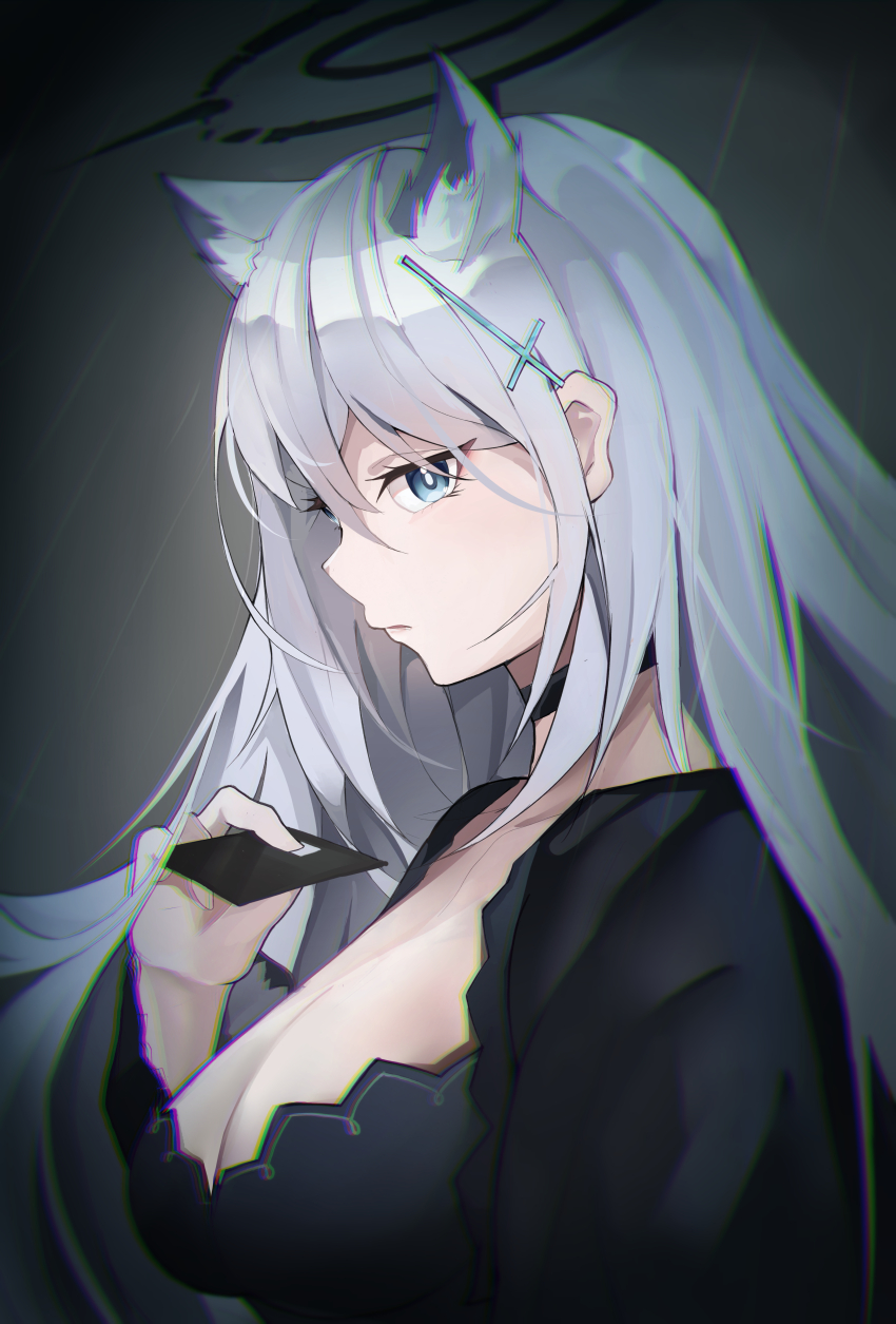 1girl absurdres animal_ear_fluff animal_ears black_choker black_dress black_halo blue_archive blue_eyes breasts bright_pupils card choker cleavage closed_mouth commentary cross_hair_ornament dress extra_ears eyelashes from_side grey_hair hair_ornament halo hand_up highres holding holding_card large_breasts long_hair looking_at_viewer outdoors profile rain serious shiroko_(blue_archive) shiroko_terror_(blue_archive) solo tail umber00 vignetting white_pupils wolf_ears wolf_tail