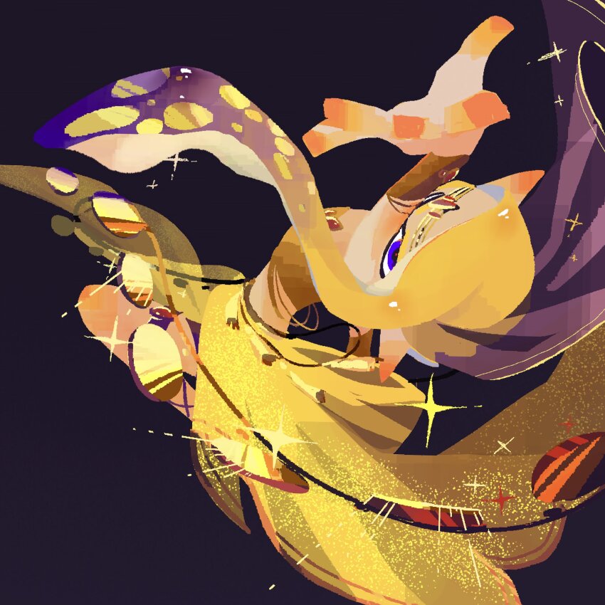 1girl absurdres agent_3_(splatoon) alternate_costume andou_azk arm_up bandeau blonde_hair blue_eyes blue_hair blush bracelet circlet colored_extremities colored_skin covered_mouth dancer dancing dress ear_blush glint glitter glitter_dress gold gold_bracelet highres inkling jewelry knee_up long_hair long_pointy_ears long_skirt looking_at_viewer multicolored_hair multicolored_skin nintendo one_eye_covered pointy_ears reaching reaching_towards_viewer skirt solo sparkle splatoon_(series) splatoon_3 strapless tentacle_hair tube_top two-tone_hair two-tone_skin veil yellow_bandeau yellow_skirt