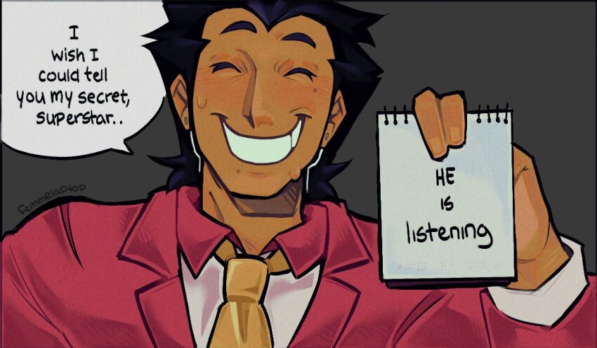 1boy ^_^ alternate_skin_color black_border black_hair border chainsaw_man closed_eyes collared_shirt comic_panel_redraw commentary contrast_collar dark-skinned_male dark_skin deltarune derivative_work earrings english_commentary english_text facing_viewer femmelaptop fingernails grey_background grin hair_slicked_back hand_up hatching_(texture) holding holding_notepad humanized_skin_color jacket jewelry lapels light-skinned_palms light_blush linear_hatching long_sleeves male_focus mole mole_under_eye mole_under_mouth mullet necktie nervous_smile nervous_sweating notched_lapels notepad outline outside_border portrait raised_eyebrows red_jacket scene_reference shirt short_hair simple_background smile solo spamton_g._spamton spamton_g._spamton_(big_shot) speech_bubble stud_earrings suit_jacket sweat twitter_username utdr_(toby_fox) white_outline widow&#039;s_peak yellow_necktie