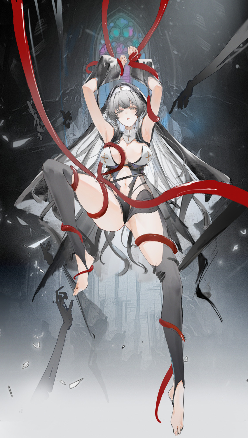 1girl absurdres armpits arms_up barefoot black_thighhighs black_veil breasts church clothing_cutout commentary cross cross_print dress english_commentary feet flantia full_body furrowed_brow grey_eyes grey_hair highres large_breasts light_particles long_hair looking_at_viewer navel open_mouth original restrained solo stained_glass tentacles thigh_cutout thighhighs thighs two-tone_dress veil