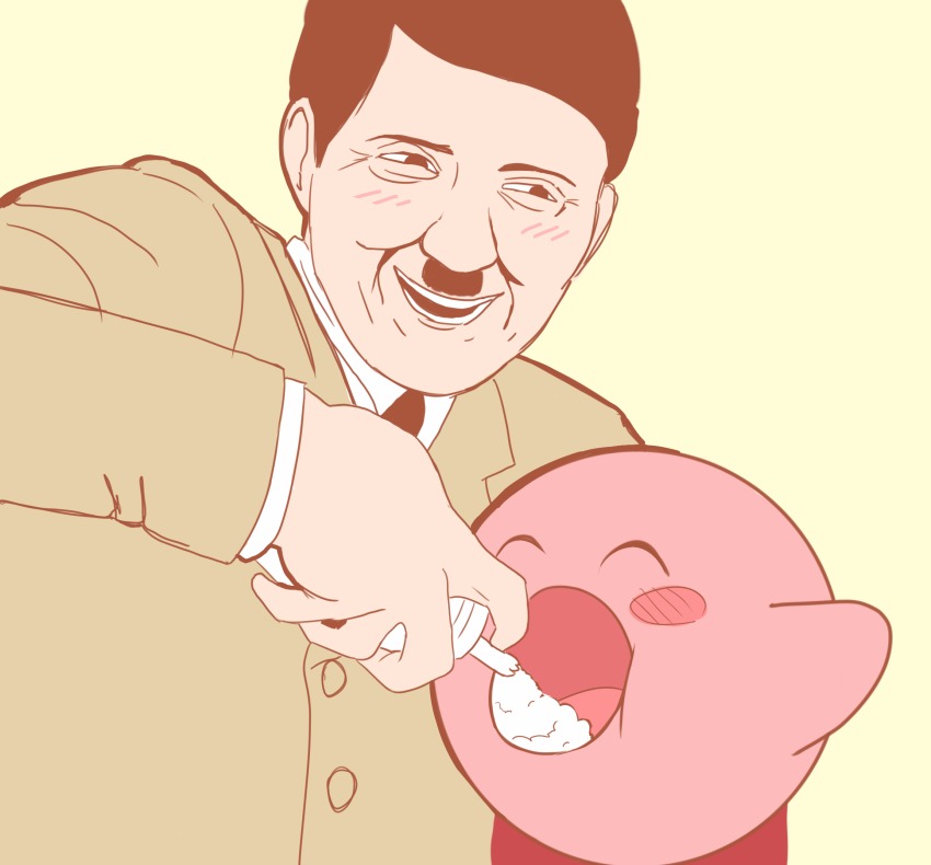 2boys adolf_hitler black_hair blush blush_stickers commentary facial_hair feeding highres kirby kirby_(series) military military_uniform multiple_boys mustache nazi nintendo poppage real_life simple_background smile what whipped_cream yellow_background