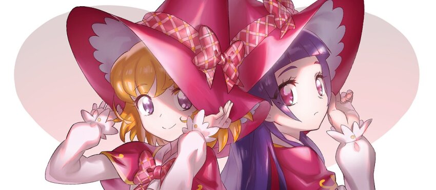 2girls asahina_mirai blunt_bangs hands_in_hair hat izayoi_liko long_hair long_sleeves looking_at_viewer magic_school_uniform_(mahou_girls_precure!) mahou_girls_precure! multiple_girls murakami_hisashi orange_hair pink_eyes precure puffy_sleeves purple_eyes purple_hair red_ribbon ribbon school_uniform shaded_face simple_background smile witch_hat