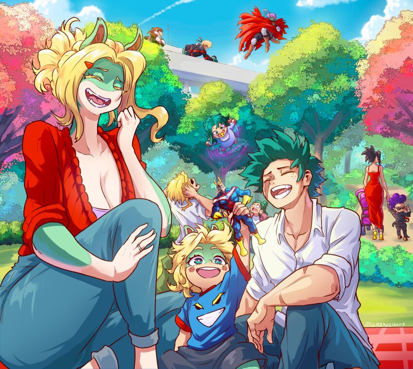 2others 4girls 5boys ^_^ absurdres all_might ass baby bakugou_katsuki blonde_hair blue_sky boku_no_hero_academia boots breasts character_doll cleavage closed_eyes colored_skin commentary_request day doll dongtan_dress dress family fangs father_and_child flying freckles good_end green_hair green_skin happy height_difference highres holding holding_doll husband_and_wife if_they_mated ippan_josei jewelry large_breasts laughing mature_female meme_attire midoriya_inko midoriya_izuku mineta_minoru mother_and_child multicolored_skin multiple_boys multiple_girls multiple_others netorare park plunging_neckline red_dress red_sweater ring scar scar_across_eye scar_on_face short_hair sky sleeves_rolled_up snout spanish_commentary spinner_(boku_no_hero_academia) stroller sweater tall_female teeth two-tone_skin uraraka_ochako vlizz vlizzyvlizz117 wedding_ring wide_hips yaoyorozu_momo yellow_boots