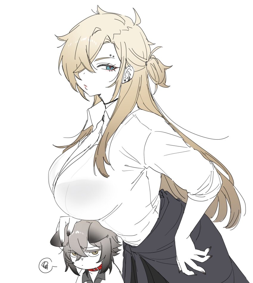 2girls black_skirt blue_eyes breasts brown_eyes collar collared_shirt degrees_of_lewdity earrings eyebrow_piercing grey_hair hair_over_one_eye highres jewelry kai_(drakkai10) large_breasts mini_person minigirl multiple_girls original piercing red_collar shirt shoya_(kai_(drakkai10)) simple_background skirt white_background white_shirt whitney_(degrees_of_lewdity) whitney_(female)_(degrees_of_lewdity)
