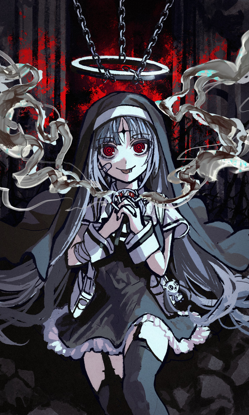1girl 2others absurdres aimaina bandaged_arm bandages bandaid bandaid_on_face black_nails blunt_bangs character_doll cigarette curtains doll doushite-chan dress feet_out_of_frame frilled_dress frills german_commentary habit hair_spread_out hatsune_miku highres holding holding_cigarette kamippoina_(vocaloid) kika long_hair looking_at_viewer multiple_others paint_splatter parted_bangs piercing praying red_eyes ringed_eyes shoulder_strap sitting sleeveless sleeveless_dress smile smoke smoke_trail tongue tongue_out tongue_piercing vocaloid wrist_cuffs