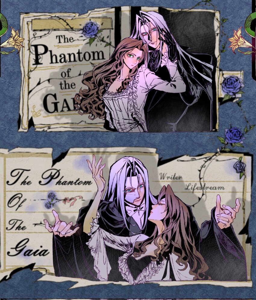 1boy 1girl aerith_gainsborough aqua_eyes black_cloak black_gloves blue_flower blue_rose breasts brown_hair christine_daae christine_daae_(cosplay) cloak cosplay couple dress erik_(phantom_of_the_opera) erik_(phantom_of_the_opera)_(cosplay) final_fantasy final_fantasy_vii final_fantasy_vii_rebirth final_fantasy_vii_remake flower gloves green_eyes grey_hair half-closed_eyes half_mask hand_on_another&#039;s_cheek hand_on_another&#039;s_face hetero highres holding_hands lily_(flower) long_bangs long_hair long_sleeves mask medium_breasts parted_bangs parted_lips phantom_of_the_opera rose sephiroth sidelocks straight_hair upper_body wavy_hair white_dress white_mask yellow_flower zdax20001212