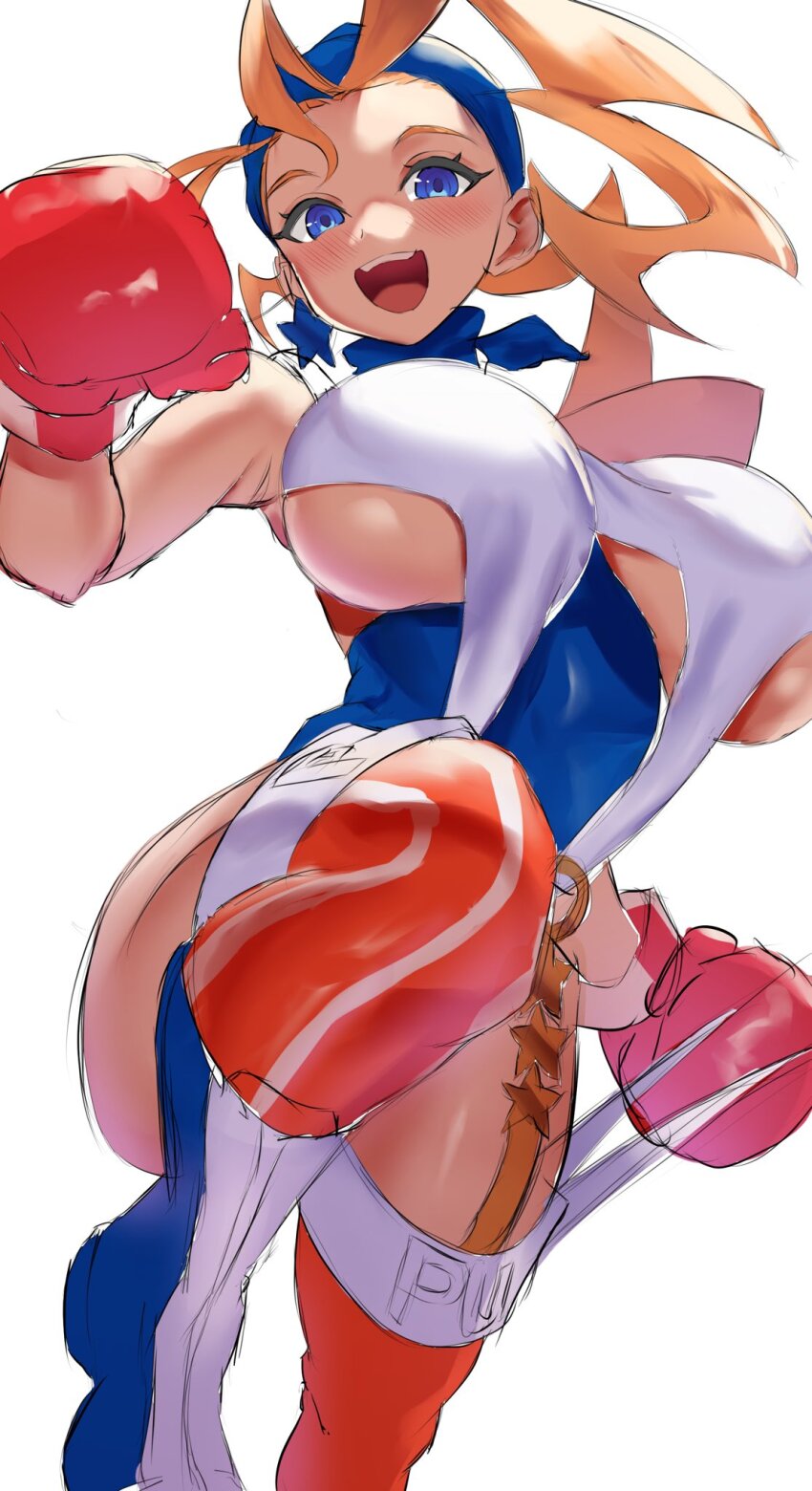 1girl american_flag_legwear bandana blonde_hair blue_eyes blue_leotard boxing_gloves breasts capcom drill_hair highres justice_gakuen large_breasts leotard sato_one1 solo striped thighhighs tiffany_lords
