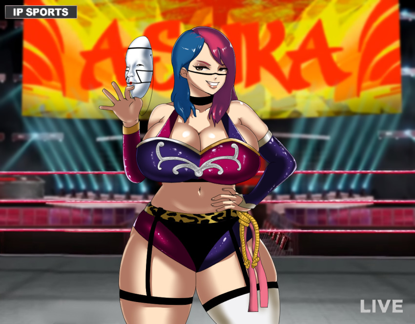 1girl asuka_(wrestler) bad_id bad_pixiv_id blue_hair breasts brown_eyes cleavage cowboy_shot female_focus grin hand_on_own_hip huge_breasts mask midriff multicolored_hair pulpawoelbo red_hair skindentation smile solo standing thick_thighs thighs tsurime wwe