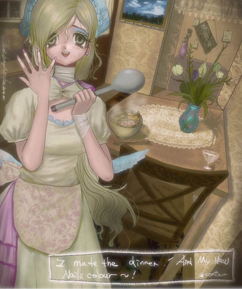 1girl :d apron bandaged_arm bandaged_neck bandages blonde_hair blue_eyeshadow bowl chopsticks cup dialogue_box dress earrings egg english_text eyeshadow flower food fuquan9921 highres holding indoors jewelry ladle long_hair looking_at_viewer makeup mole nail_polish necklace noodles open_mouth original personification pink_nails plant potted_plant puffy_short_sleeves puffy_sleeves purple_nails ramen short_sleeves smile solo soup spoon standing table tempura vase very_long_hair wings