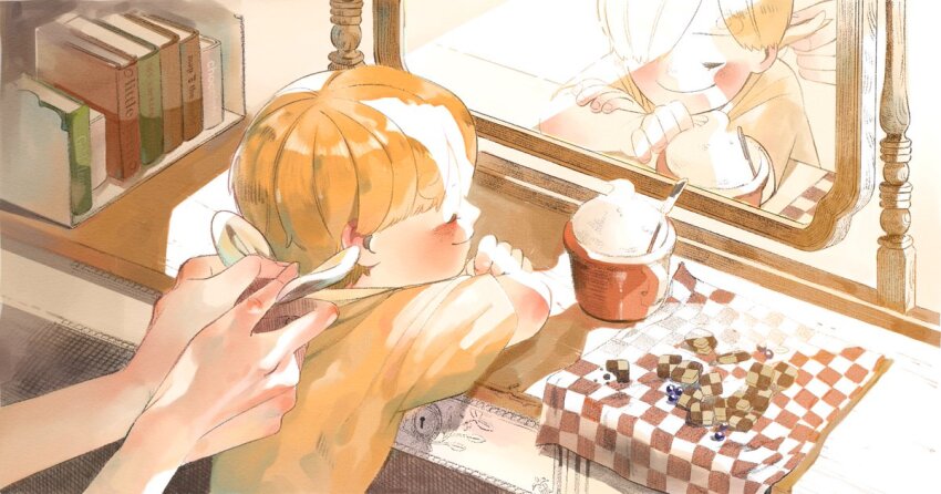 1boy 1girl affectionate aged_down bad_id bad_twitter_id blonde_hair book child closed_eyes commentary cookie crossed_arms cup curly_eyebrows food hair_over_one_eye mirror mulmulgogibbq neckerchief one_piece sanji_(one_piece) shirt smile tying vinsmoke_sora yellow_shirt