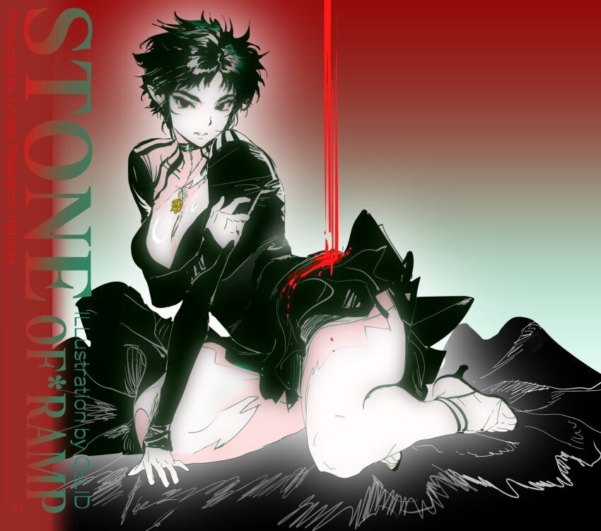 1girl arm_support black_dress black_hair blood breasts cleavage dress full_body hashtag-only_commentary high_heels highres looking_at_viewer messy_hair original parted_lips pointy_ears short_dress short_hair sleeves_past_wrists solo thighs yanghua_gaizi