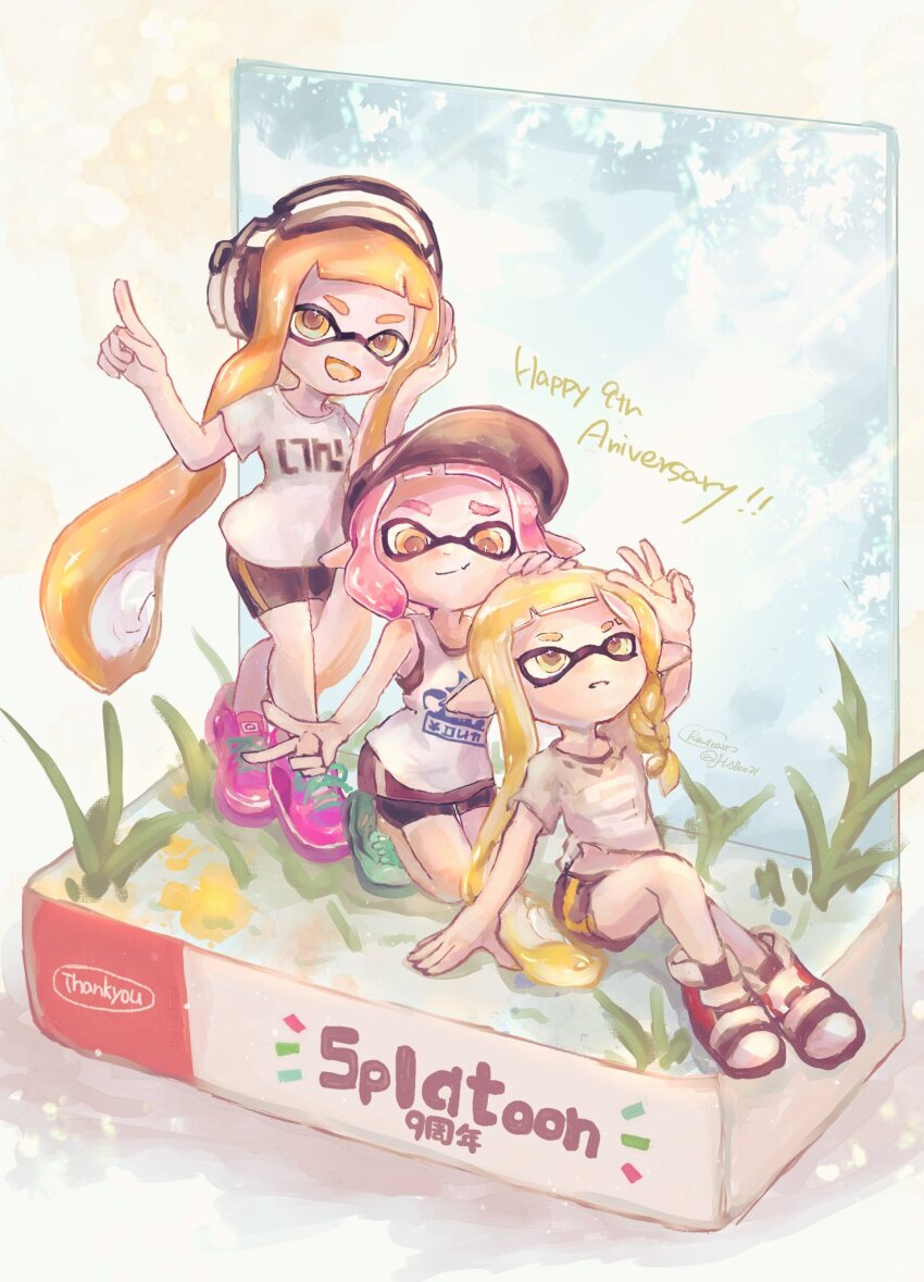 agent_3_(splatoon) agent_3_(splatoon_3) agent_4_(splatoon) amiibo bike_shorts black_hat blonde_hair closed_mouth green_footwear hat headphones highres ho2yrentea inkling inkling_girl inkling_player_character kneeling long_hair miniskirt nintendo open_mouth orange_eyes orange_hair pink_hair pink_shoes pointy_ears shirt shoes short_hair single_vertical_stripe sitting skirt splatoon_(series) splatoon_1 splatoon_2 splatoon_3 standing tentacle_hair white_shirt