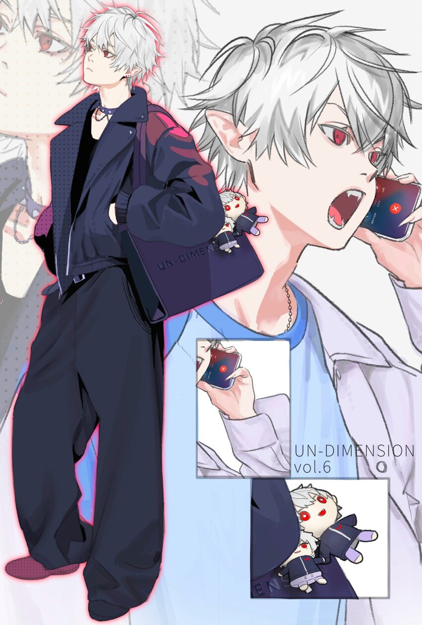 1boy alternate_costume bag baggy_pants ben-day_dots black_bag black_collar black_jacket black_pants black_shirt blue_shirt cellphone chain character_charm character_doll charm_(object) closed_mouth collar collared_jacket colored_eyelashes contrapposto doll earrings english_text expressionless fingernails frown full_body hands_in_pockets highres holding holding_phone hoop_earrings iniooooo iphone jacket jewelry kuzuha_(nijisanji) long_fingernails looking_ahead male_focus multiple_views necklace nijisanji open_clothes open_collar open_jacket open_mouth outer_glow outline pants phone pointy_ears red_eyes red_slippers screentones sharp_fingernails sharp_teeth shirt short_hair shoulder_bag slippers smartphone spiked_collar spikes stuffed_toy teeth tsurime unbuttoned upper_body vampire virtual_youtuber white_background white_eyelashes white_hair white_jacket wing_collar zoom_layer