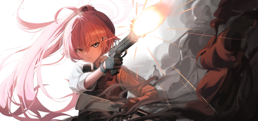 1girl absurdres beretta_1301 beretta_92 black_gloves blue_archive blue_eyes bulletproof_vest casing_ejection closed_mouth collared_shirt commentary dress_shirt english_commentary firing floating_hair gloves gun hair_between_eyes halo handgun heterochromia highres hoshino_(armed)_(blue_archive) hoshino_(blue_archive) long_hair looking_ahead muzzle_flash outstretched_arm pink_hair pink_halo ponytail shell_casing shirt shotgun sleeves_rolled_up smoke solo tagua upper_body very_long_hair weapon white_background white_shirt yellow_eyes