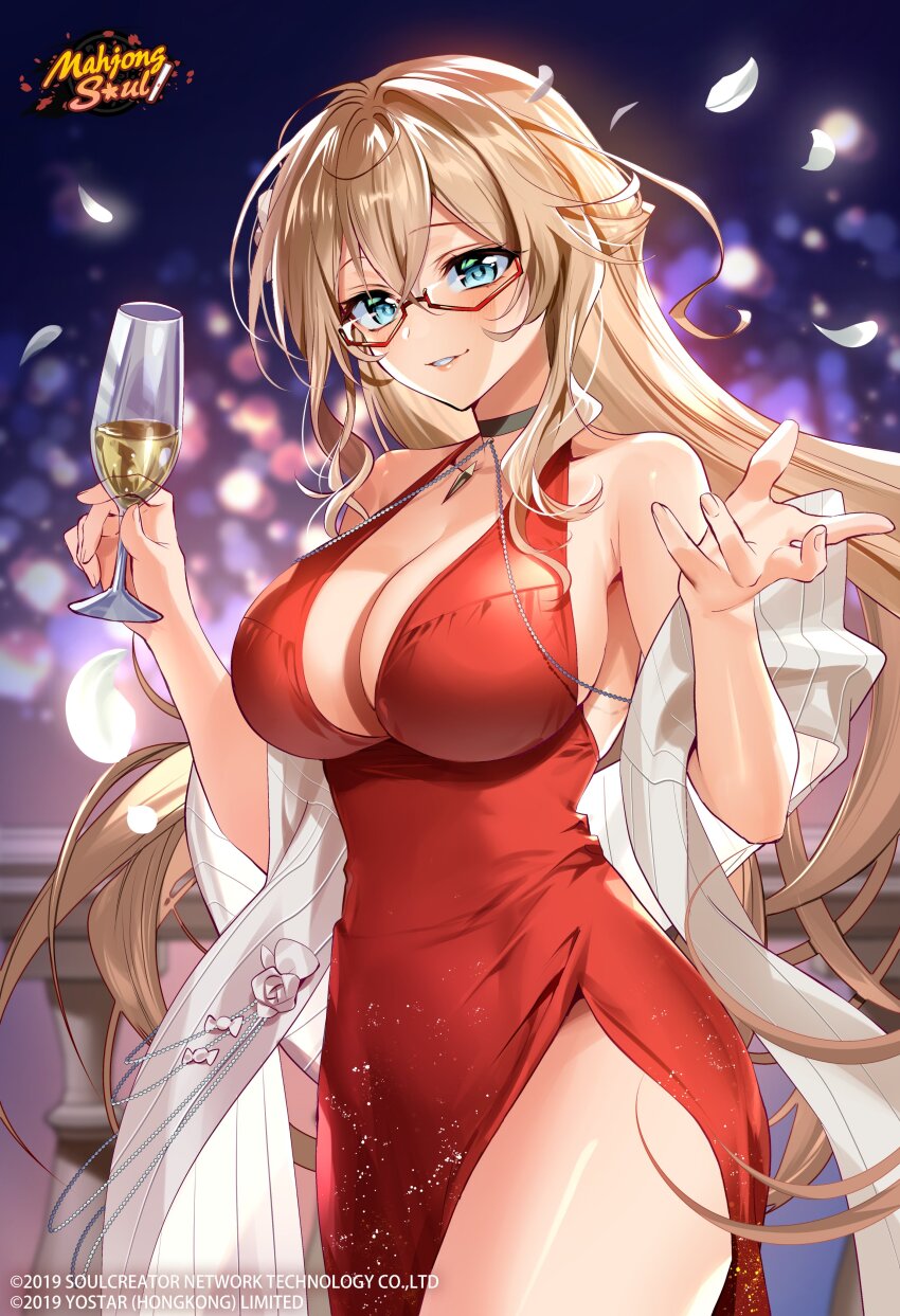 1girl absurdres bare_shoulders black_choker blonde_hair blue_eyes blurry bokeh breasts champagne_flute choker cleavage copyright_name cowboy_shot cup depth_of_field dress drinking_glass glasses hand_up highres holding holding_cup kisaragi_ayane large_breasts long_hair looking_at_viewer mahjong_soul murakami_yuichi official_art petals red-framed_eyewear red_dress second-party_source semi-rimless_eyewear shawl side_slit sleeveless sleeveless_dress smile solo under-rim_eyewear very_long_hair