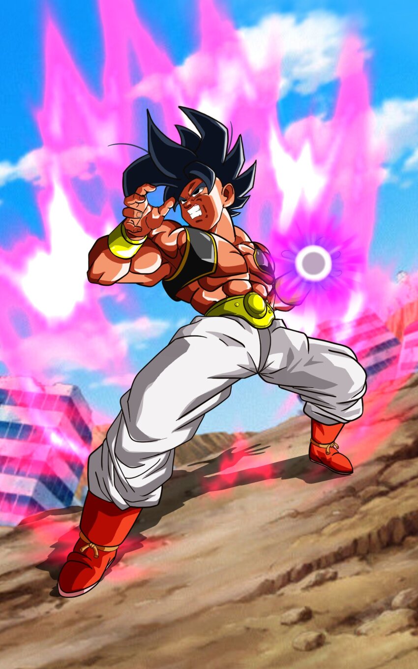 1boy angry aura black_eyes black_hair dark-skinned_male dark_skin dragon_ball dragon_ball_gt fighting_stance highres ki_blast looking_up muscular muscular_male serious solo spiked_hair uub