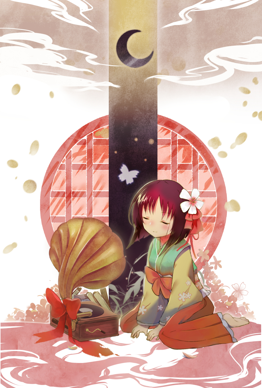 1girl barefoot bow bug butterfly cherry_blossoms child closed_eyes closed_mouth commentary_request crescent_moon diao_ye_zong flower frilled_hakama full_body green_kimono hair_bow hair_flower hair_ornament hair_ribbon hakama hakama_pants hieda_no_akyuu highres insect japanese_clothes kimono lattice light_blush long_sleeves moon mythrain pants phonograph purple_hair red_bow red_hakama red_ribbon ribbon short_hair sitting sitting_on_liquid smile smoke solo toes touhou waist_bow wariza white_background white_flower wide_sleeves yellow_sleeves