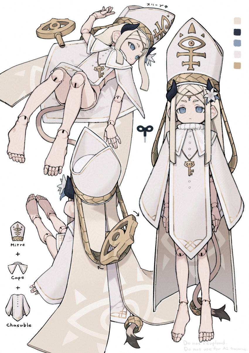 1girl absurdres blonde_hair blue_eyes color_guide commentary_request doll_joints expressionless flat_chest flower full_body hair_flower hair_ornament hat highres horns jewelry joints key key_necklace long_hair lying mitre multiple_views necklace on_back original robe sitting tail toes winding_key zizi_niisan