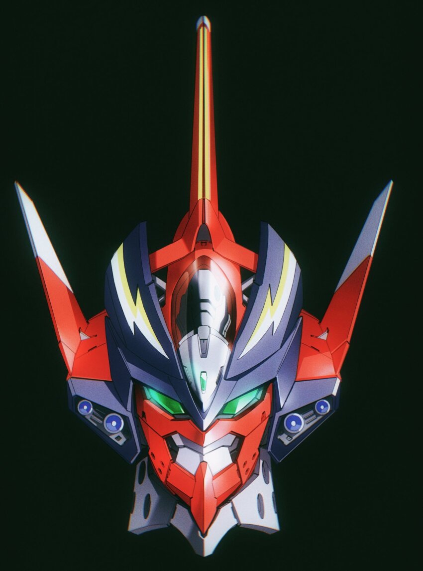 black_background chinese_commentary commentary fire_valkyrie green_eyes head_only highres looking_at_viewer macross macross_7 mecha mecha_focus mosiaz328 no_humans original redesign robot science_fiction simple_background