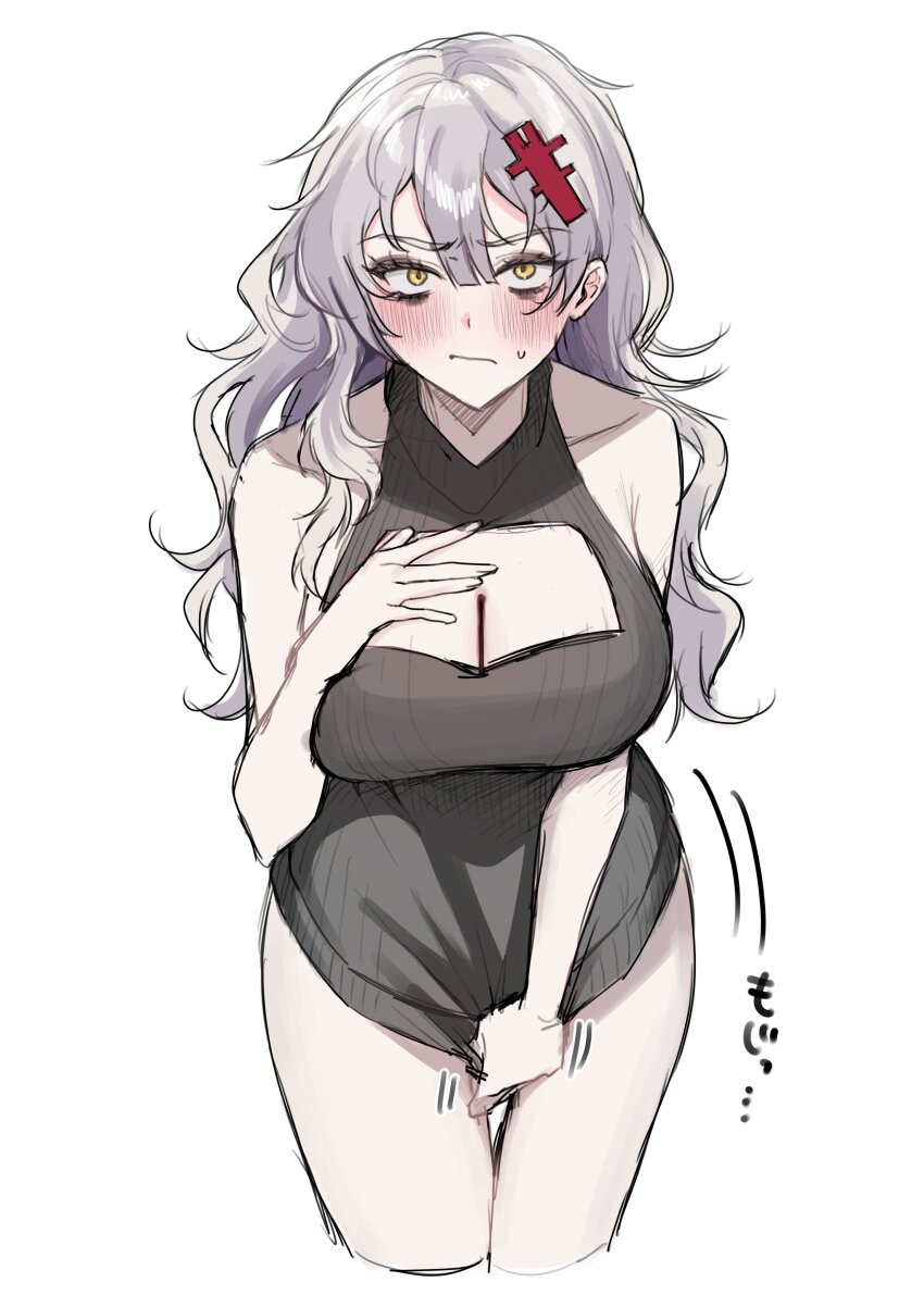 1girl absurdres alternate_costume blush breasts covering_crotch covering_privates cowboy_shot goddess_of_victory:_nikke hair_ornament highres large_breasts looking_at_viewer meme_attire messy_hair no_pants solo virgin_killer_sweater white_background white_hair yellow_eyes ymr_yamero yulha_(nikke)