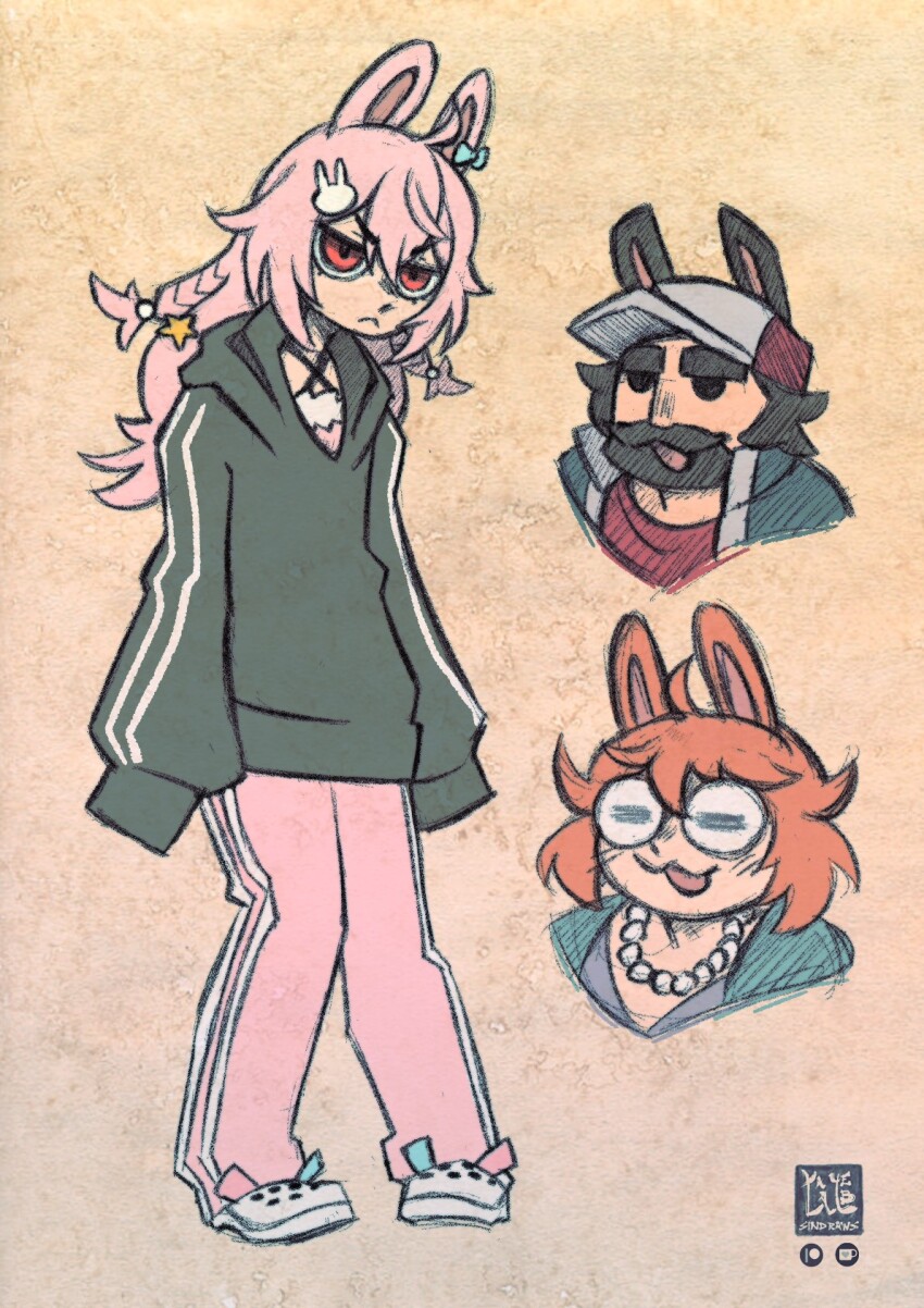 1boy 2girls :3 =_= ahoge angry animal_ears artist_logo artist_name bandeau baseball_cap beard black_eyes black_hair bow braid casual closed_mouth commentary cowlick crocs cropped_torso cross-laced_clothes double_vertical_stripe ear_bow english_commentary facial_hair faux_traditional_media flipped_hair frown full_body glasses green_hoodie green_jacket grey_shirt hair_between_eyes hair_ornament hat highres hood hood_down hoodie jacket jewelry jitome ko-fi_logo logo long_hair mamakin_(pipkin_pippa) medium_hair multiple_girls mustache necklace open_mouth orange_hair oversized_clothes pants papakin_(pipkin_pippa) patreon_logo pearl_necklace phase_connect pink_bandeau pink_eyes pink_hair pink_pants pipkin_pippa rabbit_ears rabbit_hair_ornament red_hat red_shirt rimless_eyewear round_eyewear shirt short_hair sidelocks sindraws sleeves_past_fingers sleeves_past_wrists standing star_(symbol) star_hair_ornament straight_hair thick_eyebrows track_pants twin_braids two-tone_hat upper_body v-shaped_eyebrows virtual_youtuber white_hat yellow_background